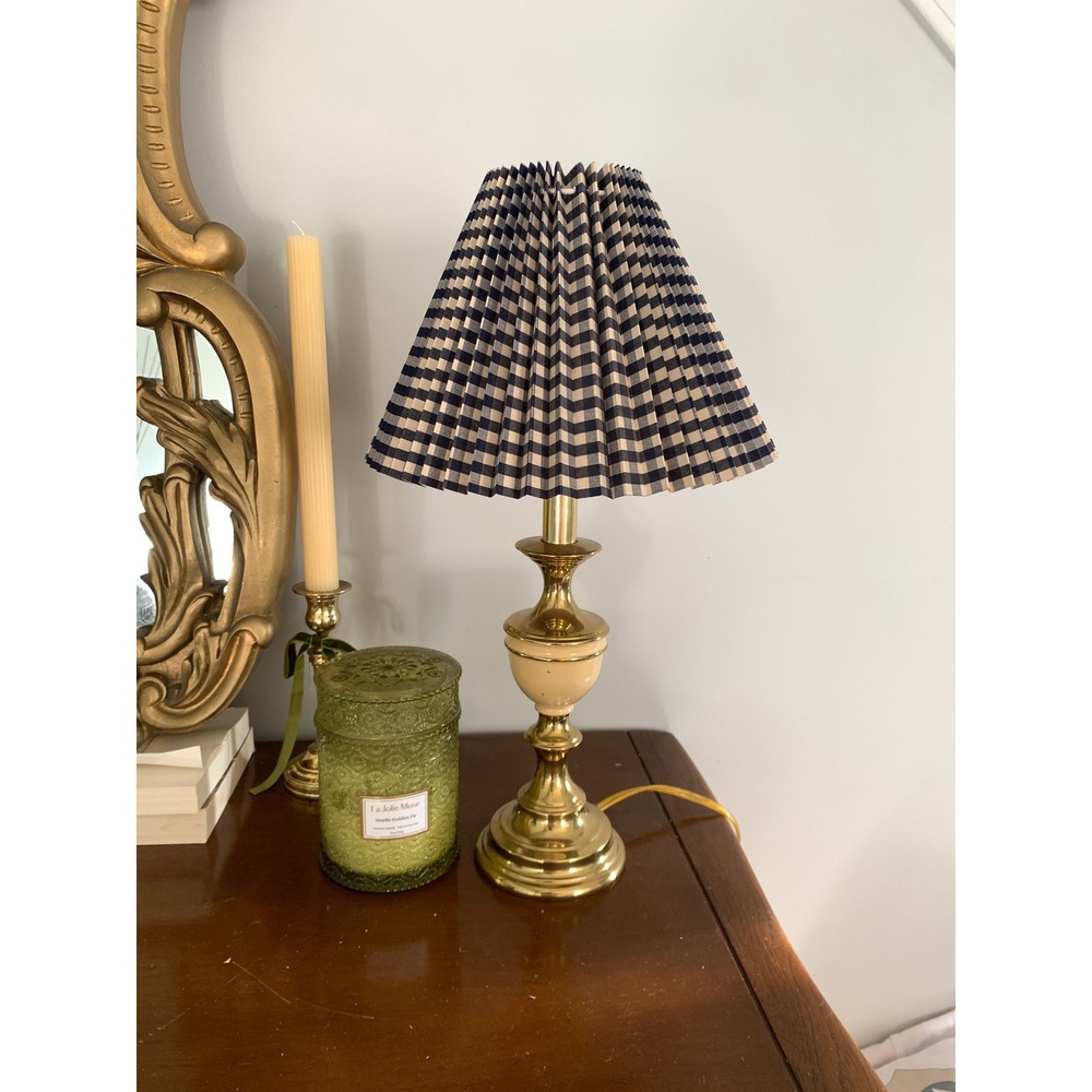 Vintage Brass Table Lamp Navy Gingham Pleated Shade Cottagecore Traditional 18"
